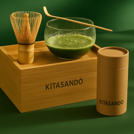 Traditional Japanese matcha ceremony kit with bamboo whisk, spoon, bowl, and tray